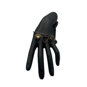 Vintage Brass Heart Charm Bracelet With Intricate Designs & Clasp Closure